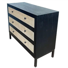 Cardrona Commode 3 Drawer – Rustic Black & Rattan