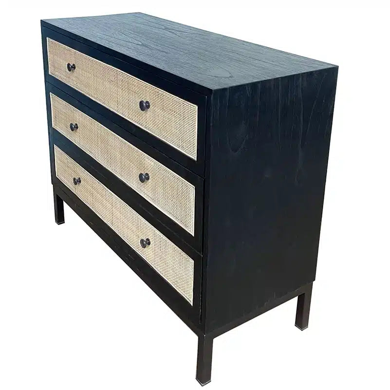 Cardrona Commode 3 Drawer – Rustic Black & Rattan