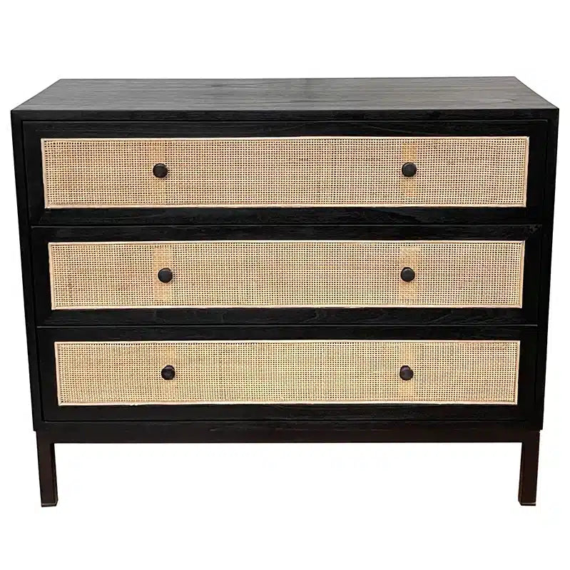 Cardrona Commode 3 Drawer – Rustic Black & Rattan