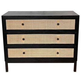 Cardrona Commode 3 Drawer – Rustic Black & Rattan