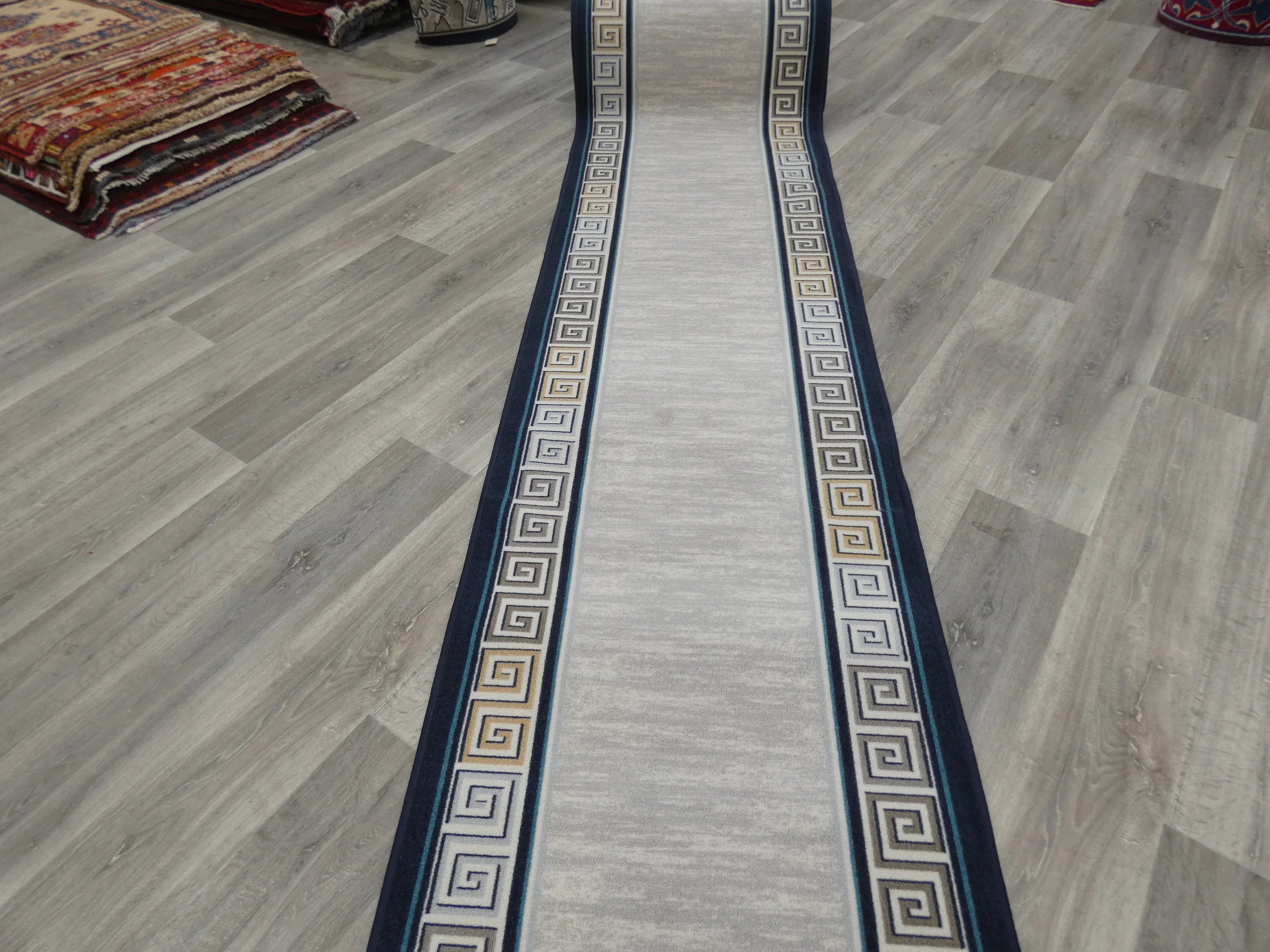 Greek Key Design Non Slip Rubber Back Runner 80cm Wide x Cut To Order