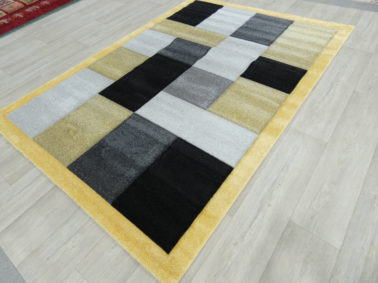 Modern Turkish Block Design Aroha Rug in Yellow/ Black/ Grey