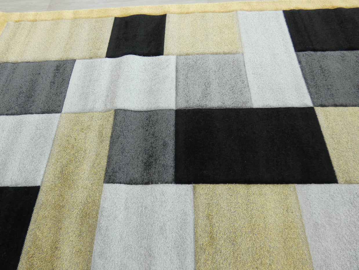 Modern Turkish Block Design Aroha Rug in Yellow/ Black/ Grey