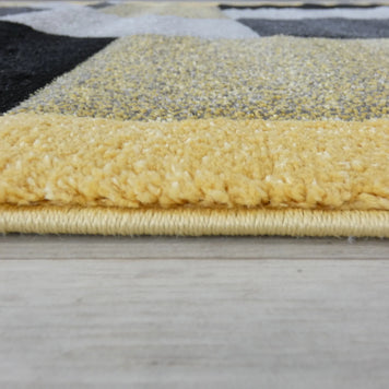 Modern Turkish Block Design Aroha Rug in Yellow/ Black/ Grey