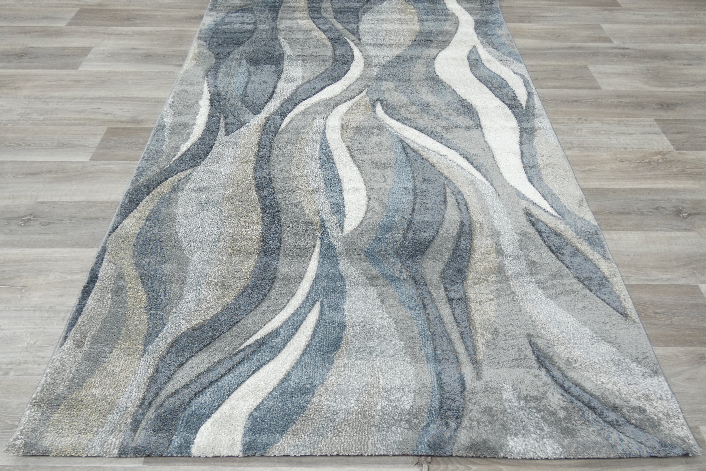 Kimya Collection Abstract Wave Rug in Navy and Neutral Tones – Fluid Contemporary Design